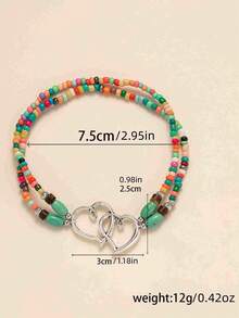 1 pieza Tobillera elástica de doble capa estilo bohemio para mujeres, decoración de corazón doble de aleación con cuentas de semillas de color aleatorio, adecuada para uso diario casual, vacaciones en la playa, regalo del Día de San Valentín - 22080-82 - Ver 2