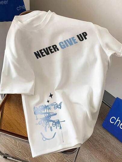 Summer Casual Comfortable "Never Give Up" Graphic Round Neck Short Sleeve T-Shirt