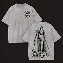 Vintage Washed One Piece Boa Hancock Oversized Graphic Tee, Retro Anime Snake Pirates Print Distressed T-Shirt, Casual Streetwear For OP Fans, Anime Shirt, Mens Clothes, Mens T Shirts, Y2k Clothes, Unisex Casual Streetwear Japanese Anime T-Shirtssummer Outfits For Women100 Percent Cotton Summer Tops - 灰色 - 查看 6