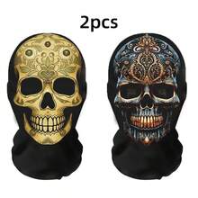 2个万圣节网眼印花骷髅头面罩，拉法帽，趣味骷髅头服装，透气防晒面罩，送给朋友的新奇礼物 - 黑色 - 查看 13