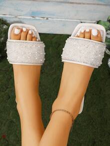 2026 New Flat Slide Sandals/Solid Color, Flat Design, Shiny Vamp, Exquisite Rhinestone Decor, Slip-On Style, Easy To Clean, Elegant & Refined, Fashion Versatile, Suitable For Daily Wear, Shopping, Dating, Vacation, Travel - Beige - View 9