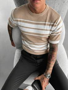 Men's Hollow Out Round Neck Short Sleeve Knit Sweater - Apricot - View 2