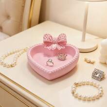 1个可爱荷叶边蝴蝶结首饰托盘，家居装饰、书桌、办公室、主题派对、化妆品展示、戒指项链收纳、钥匙及小物件整理器，送给女朋友的礼物，柔软缎面蝴蝶结陶瓷首饰碟，ins风 - 彩色 - 查看 11