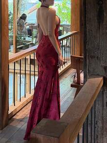 性感夏季優雅深V領長洋裝 女款掛脖無袖露背拼接拉鍊復古提花生日派對度假洋裝 - 紅色 - 查看 4