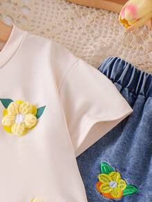 2pcs Young Girls Casual Apricot Short Sleeve Top & Embroidered Denim Long Pants Set, Thin Spring/Summer Outdoor - Apricot - View 7