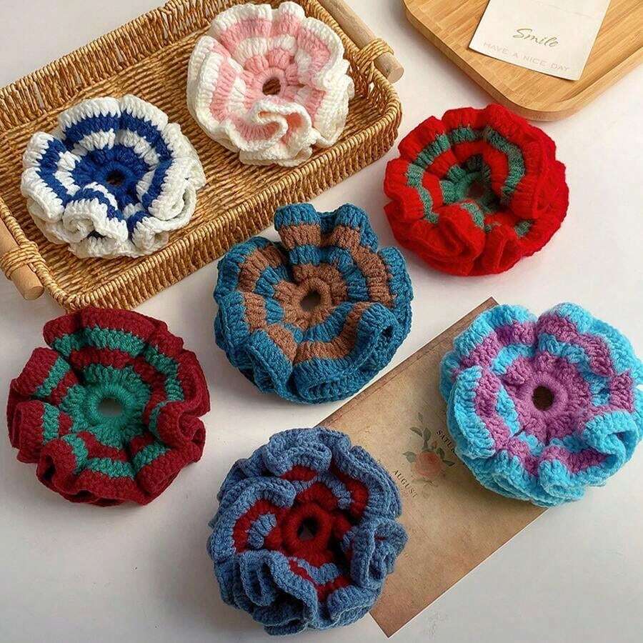 1pc New Handmade Crocheted Heavy-Duty Wool Scrunchie, Stylish And Elegant Ponytail Hair Tie, Bun Hair Tie - 聖誕紅 - 查看 1