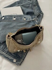 Túi đi biển mùa hè dành cho nữ, túi đeo vai dây xích hình vỏ sò và ngọc trai dễ thương, túi xách mini dệt thủ công tiện dụng cho kỳ nghỉ. - Màu Khaki - Xem 6