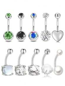 14G 316L 不锈钢低过敏性肚脐环套装，镶嵌水钻、猫眼、珍珠、心形设计，性感沙滩比基尼身体饰品，送给女朋友的礼物 - 彩色 - 查看 2