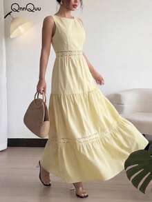 Đầm nữ mùa hè cổ tròn không tay, viền ren, có túi ở eo, thanh lịch, lãng mạn, phù hợp cho mặc hàng ngày, hẹn hò, đi nghỉ mát. - Màu vàng - Xem 3