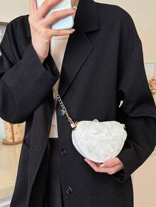 新款独特小众玫瑰蕾丝晚宴包，时尚别致斜挎包，简约单隔层包 - 米色 - 查看 7