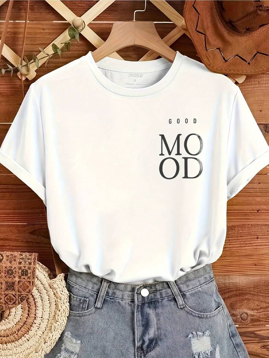 Coton Femme 2026 New Women's Short-Sleeved T-Shirt With "Good Mood" Print And Round Neck, Casual And Comfortable, Women's Summer Top - 白色 - 查看 1