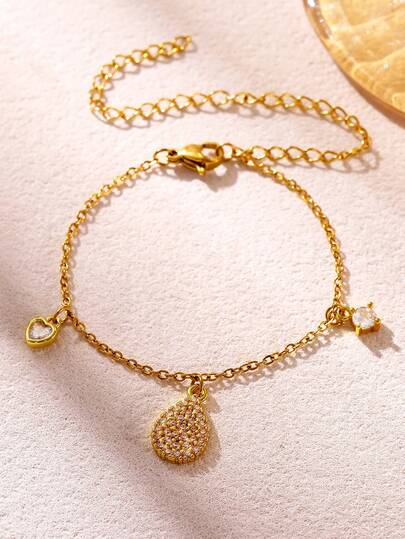 1 pieza Tobillera con colgante de gota de agua con pavé de circonita para mujeres, tobillera de cadena con colgante geométrico en forma de corazón para verano y playa, joyería de moda para mujeres