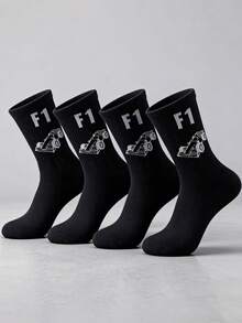 4 Pairs Men's Black Cartoon Racing Car Pattern Crew Socks, Breathable Moisture-Wicking, Suitable For Spring/Summer - Black and White - View 3
