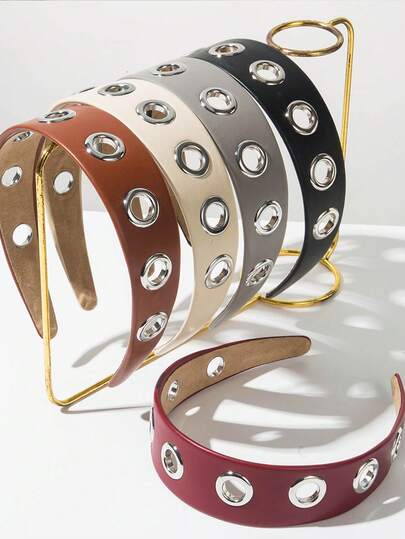 1pc Personalized Wide-Brimmed Leather Headband Punk Style Simple Hollow Metal Headband Hip-Hop Style Versatile Solid Color Metal Eyelet Hair Tie Women's Hair Accessories Pressed Hair Headwear