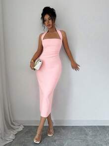 Women's Solid Color Elegant Midi Dress, Slightly Sheer In Light-Colored Fabric, Suitable For Daily Wear, Parties, And Dating Occasions - Pink - View 4