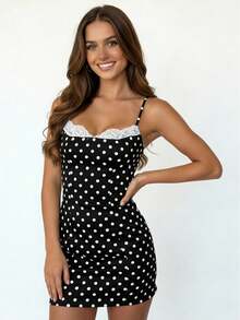 Women Sleeveless Spaghetti Strap Dress Dot Print Mini Bodycon Lace Patchwork Party Dress For Vacation Cocktail - Black - View 1