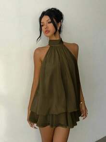 Vestido mini elegante de mujer con cuello halter y lazo en color amarillo claro - Verde militar - Ver 6