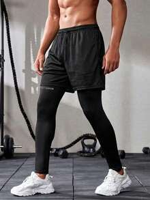 男士透气二合一压缩裤，男士运动裤，吸湿排汗，凉爽透气，适合健身房、锻炼、跑步等运动，可机洗 - 黑色 - 查看 2