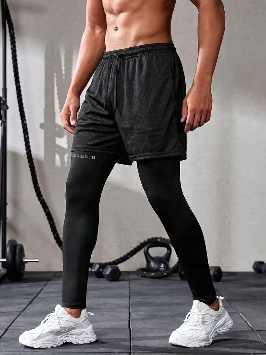 1 pieza Pantalones de compresión negros 2 en 1 para hombres, suaves, transpirables, con efecto de enfriamiento, mallas para gimnasio y deportes, pantalones ajustados lavables para entrenamiento físico y carrera - Negro - Ver 1