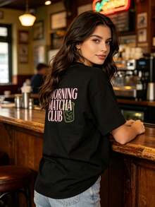 [Front And Back Double Image] Unisex Double-Sided Printed Spring Summer Casual Women's Top Fresh Style Matcha Ice Drink Morning Matcha Club Printed Round Neck Short Sleeve T-Shirt - 黑色 - 查看 5