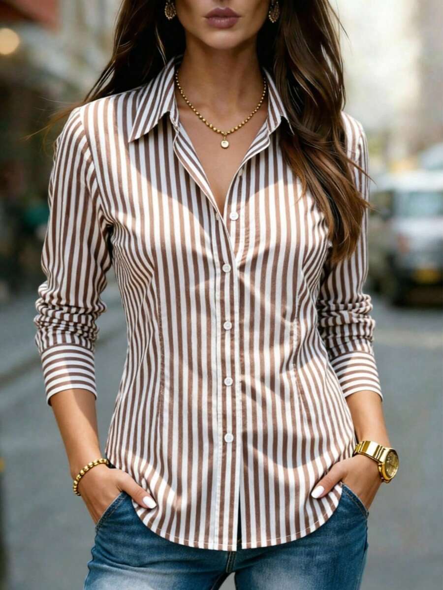 Camisa de mujer de manga larga a rayas con fruncido en la cintura y cuello con botones - Blusa de oficina adecuada para el hogar, uso casual y de negocios, top ligero para todas las estaciones (primavera, verano, otoño, invierno) - Café integral - Ver 1