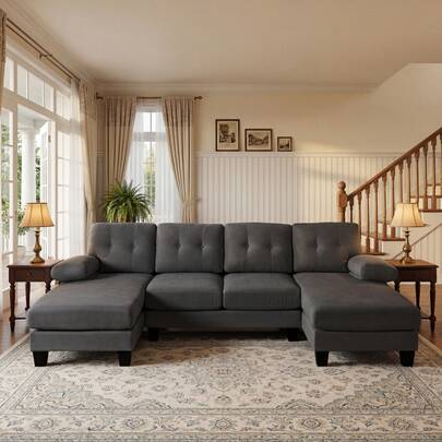 A 4-Seater U-Shaped Sofa With Chaise Longue Function In Chenille Fabric, Adjustable Sofa Bed At The Back For Living Room And Office, Grey, Beige.