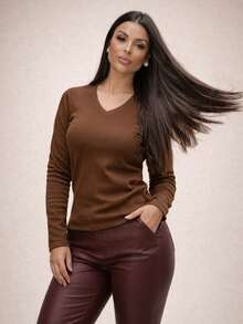 Long-Sleeved Flannel Blouse For Women, Ribbed Knit, V-Neck, Casual, Elegant, Chic, Basic, Comfortable, Warm, Fashionable, , Autumn/Winter 2026, Burgundy. - Rỉ Nâu - Xem 8