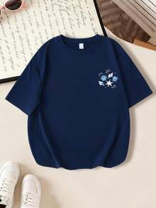 Girls' Loose Graphic T-Shirt, Hand-Painted Shell & Starfish Pattern, Bow Decor, Casual Oversized Fit, Suitable For Beach Vacation, Back To School, Summer Wear - Navy Blue - View 2