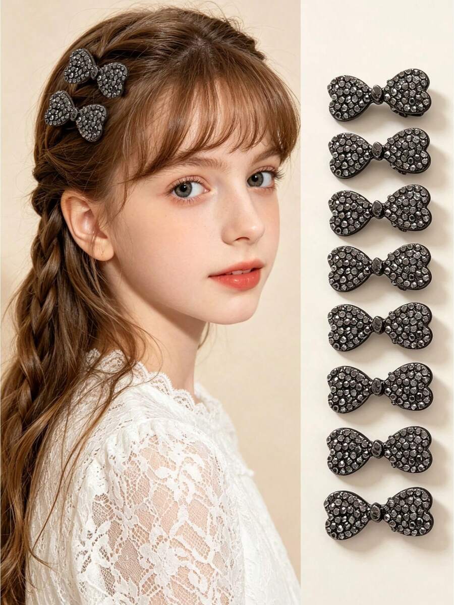 10pcs Girls' Minimalist Fresh Floral Crystal Hair Clips - Dark Grey - View 1
