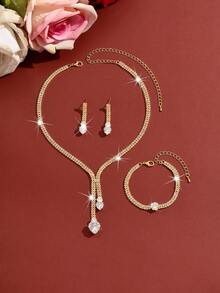4pcs/Set Women's Heart Pendant Jewelry Set, Y-Shaped Necklace, Dangle Earrings, Bracelet, Bridal Wedding Anniversary Valentine's Day Mother's Day Gift - Gold - View 4