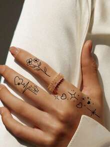 防水黑色小图案临时纹身贴纸，蝴蝶、星空、花朵、心形纹身图案，男女通用，一次性假纹身，可用于手、腿、手臂、脸、手指、脖子和其他身体部位。 - 黑色 - 查看 2