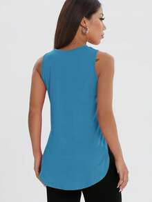 Atasan Olahraga Wanita Kasual Longgar Tanpa Lengan, Belahan Samping, Warna Polos, Nyaman untuk Berolahraga, Musim Semi/Panas - Aqua Biru - View 3