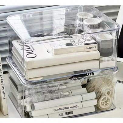 Crystal Clear PET Plastic Storage Box With Lid - Lightweight Rectangular Desktop Organizer, Polished Finish Multi-Use Container For Office Supplies, Makeup, Jewelry - Durable Jewelry Organizer | Modern Organizer, Jewelry Organizer Storage, Shelf Baskets
