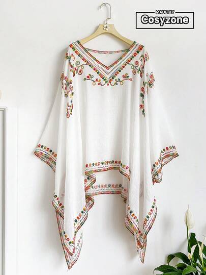 1 chiếc áo choàng cổ chữ V thêu hoa trang nhã, phong cách Bohemian, thích hợp mặc đi biển mùa xuân/hè, nhẹ, chống nắng, đa năng, sang trọng, lý tưởng để mặc hàng ngày và làm quà tặng.