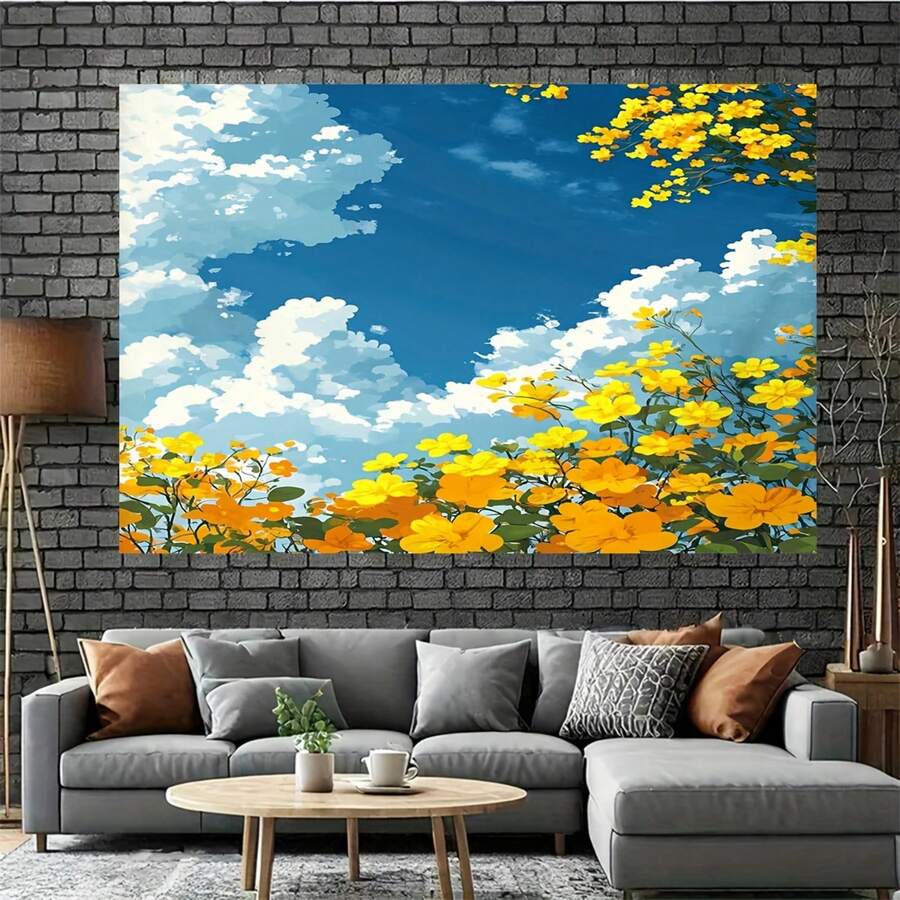 2D Flat, 2D Flat - 2D Flat, 2D Flat - A Single Of 2D Flat Bkground Cloth - Yellow Floral Landscape Pattern, 1pc Photography Bkdrop Banner, Bkground Decoration For Rooms - 1PC - View 1