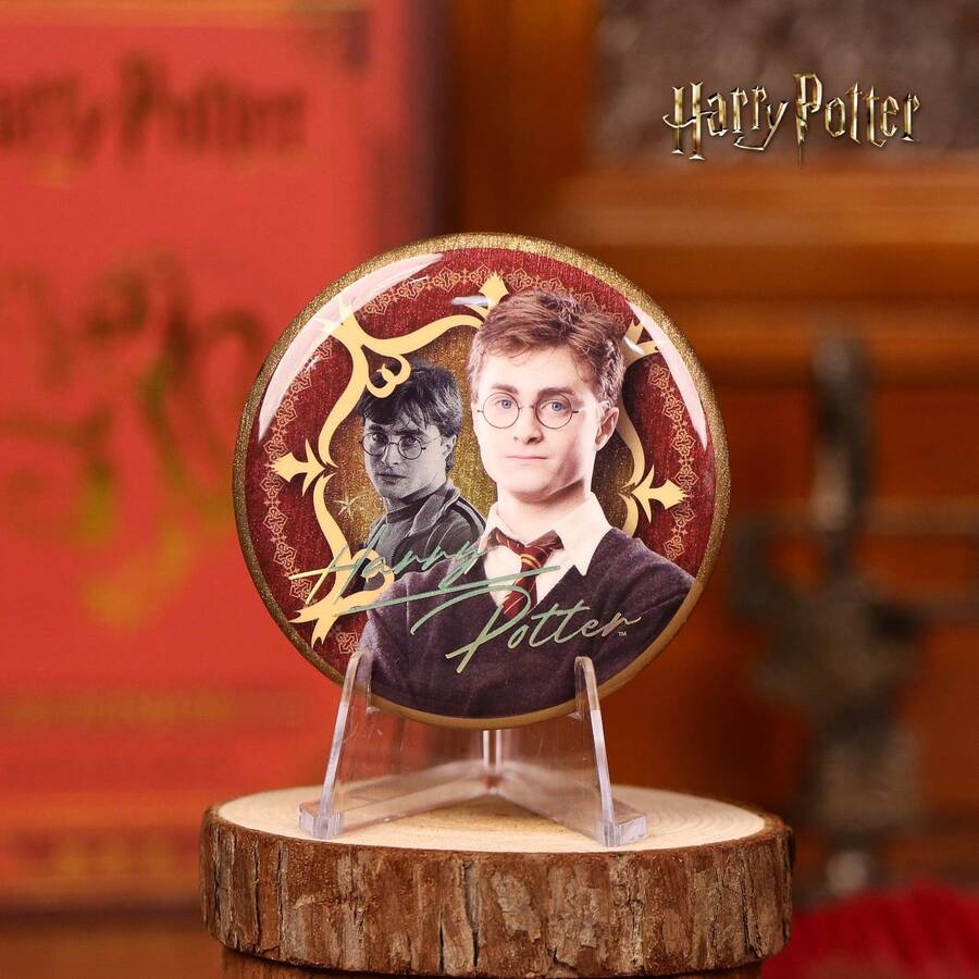 Harry Potter 1枚圆形徽章，闪亮系列 - 哈利、赫敏、卢娜、罗恩、德拉科闪光徽章 - 魔法收藏徽章，激光浮雕银色，魔法世界铁皮徽章，角色和场景设计 - 完美的动漫和电影周边收藏品 - 素色 - 查看 1