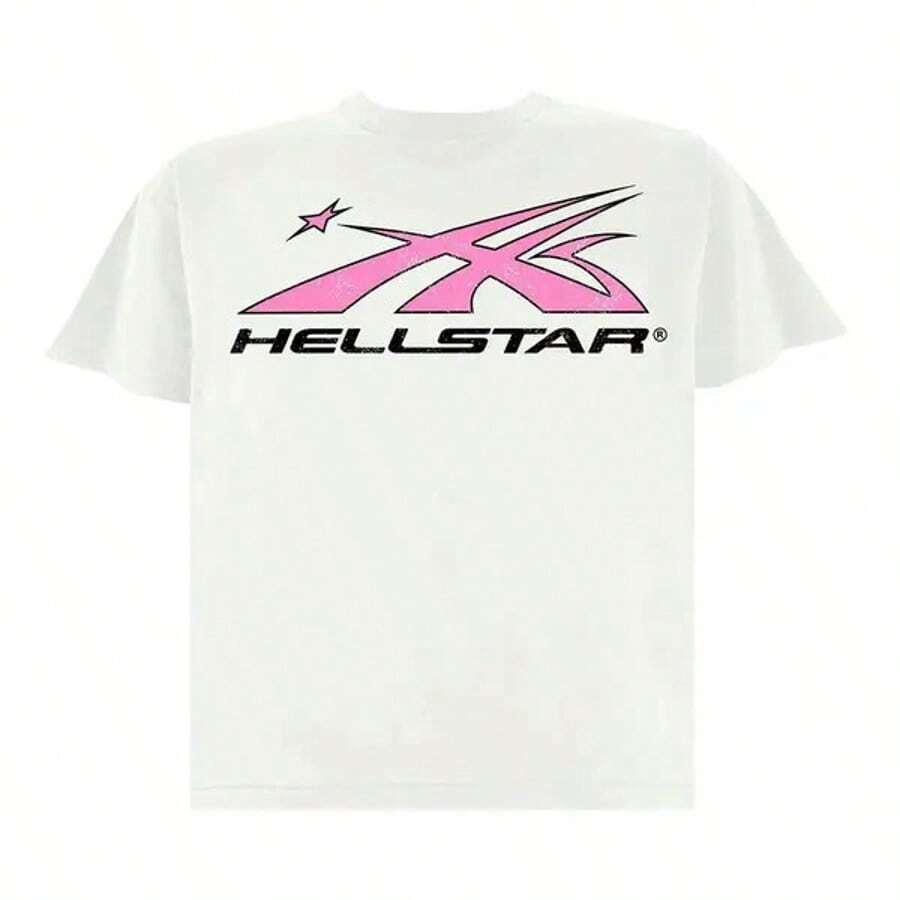 HELLSTAR Men's Pink Sport Star Logo Graphic Oversized T-Shirt, Casual Cotton Short Sleeve Tee - 白色 - 查看 1