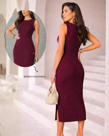 Classic Long Black Dress With A Round Neck, Pockets, And An Elegant Slit Design. - Wine With a Stripe - View 2