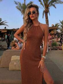 红棕色露背吊带针织长裙，女士春夏新款时尚优雅休闲派对旅行海滩度假风，高开衩长款针织连衣裙，日常通勤百搭显瘦性感吊带长裙 - 紅咖啡 - 查看 7