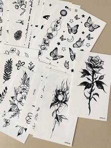 防水黑色小图案临时纹身贴纸，蝴蝶、星空、花朵、心形纹身图案，男女通用，一次性假纹身，可用于手、腿、手臂、脸、手指、脖子和其他身体部位。 - 黑色 - 查看 7