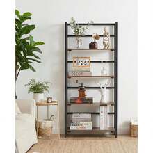 Estante de oficina plegable de 4 niveles - estante de almacenamiento de estantería vintage - marco de metal resistente, organizador de ahorro de espacio - marco negro con madera marrón, cuatro estantes - Negro + marrón - Ver 3