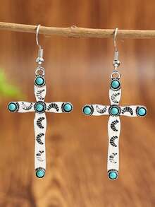 1 Pair Retro Western Style Cross Inlaid Turquoise Pendant Earrings, Vintage Distressed Cross Earrings For Women - Antique Silver - View 6