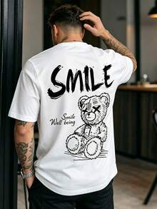 Áo thun nam dáng rộng in hình gấu, kiểu dáng đường phố, tay ngắn, unisex. - trắng - Xem 2