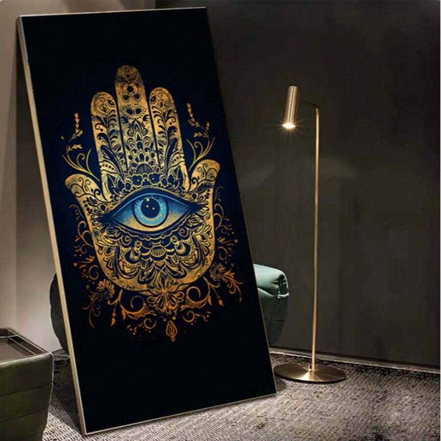 Large Frameless Hamsa Hand Canvas Art Print, 23.62" X 47.24" - Modern Wall Decor For Living Room & Bedroom, Intricate Golden And Blue Design, No Frame Required, Room Decor - Multicolor - View 1