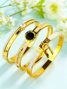 Set de 3 piezas de pulsera de metal vintage de acero inoxidable | Colgante de mini candado + Incrustación de zirconia romana | Pulsera anti-sudor y anti-desteñido | Gran regalo para el Día de San Valentín y el Día de la Madre | Joyería versátil para fiestas y banquetes - Juego de cerraduras pequeñas - Ver 12