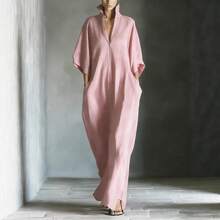 2026 European And American Spring/Summer New Fashion Women's Mid-Sleeve V-Neck Pullover Loose Long Dress - 藏青色 - 查看 8