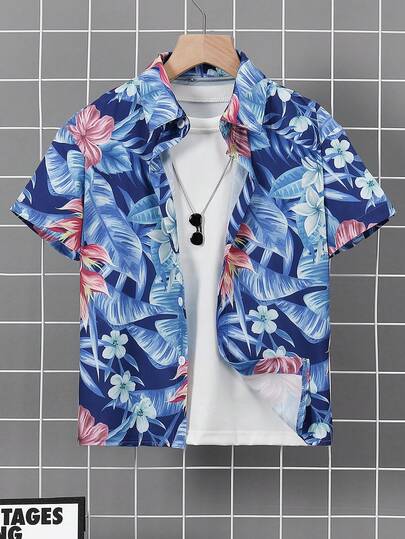 Tween Boys Casual Floral Print Short Sleeve Shirt, Fashionable For Daily Wear, Spring/Summer