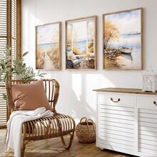 3 Stück Aquarell Küsten Strand Leinwandkunst, Strandpromenade Fensterblick Boot Drucke, neutrale Boho Dekoration für Wohnzimmer Schlafzimmer, moderne Küsten Heimdekoration, ohne Rahmen - 821 - Übersicht 7