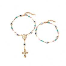 Handmade Beaded Bracelet With Diamond Eye And Cross Design, Maria Rosary Bracelet For Women - A - View 6