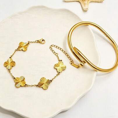 New Style Luxury Textured Four-Leaf Clover Flower Bracelet Set, 18K Plated Stainless Steel Bracelet & Bangle, Suitable For Women's Daily Wear Or Holiday Gift